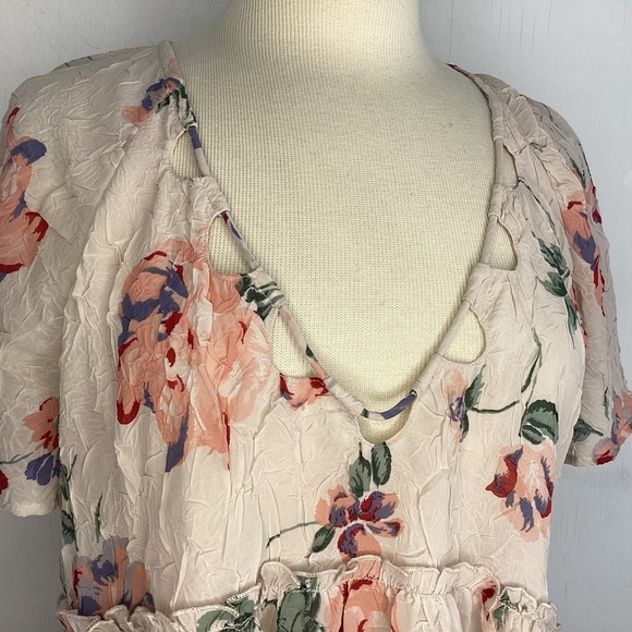 Lucky Brand Crinkly Pink Green Floral Print chiffon coquette Babydoll Blouse Med - Picture 3 of 9